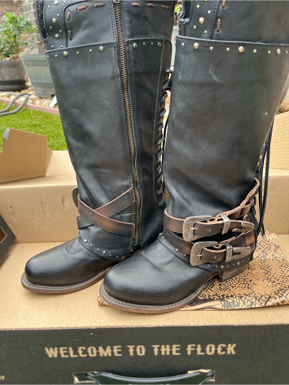 Freebird RAMONA Women’s Black Leather Studded Buckle Knee Boots: size 7